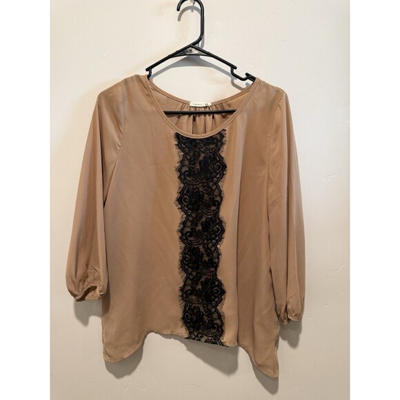 Soprano Tan Blouse Black Lace Panel M - Picture 1 of 3